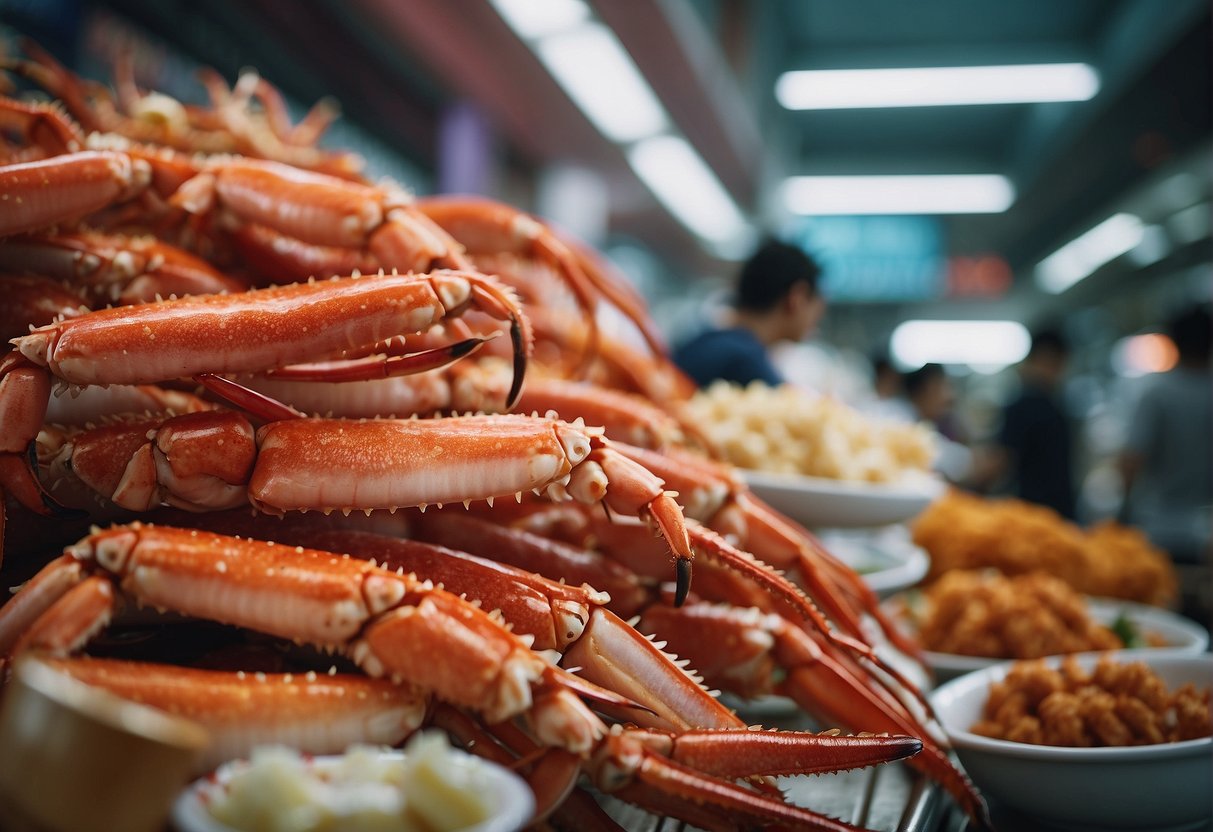 A table covered with Alaskan king crab legs, surrounded by promotional signs in a bustling Singapore seafood market