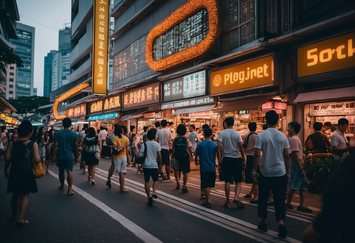 A bustling city street in Singapore with bright neon signs, crowded sidewalks, and a mix of modern and traditional architecture