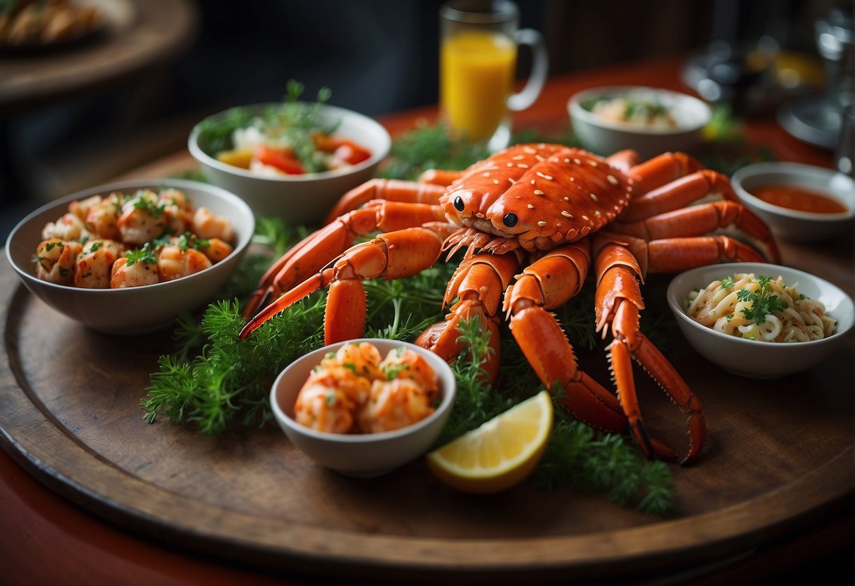 A table adorned with a variety of seafood dishes, including succulent Alaskan king crab legs, surrounded by vibrant Singaporean decor