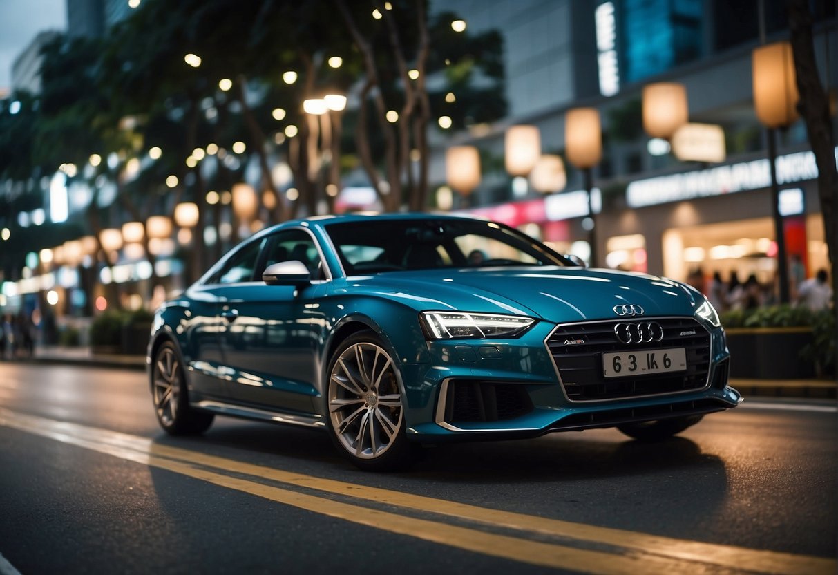 A bustling city street in Singapore with an Audi dealership prominently displaying promotional banners and cars. Bright lights and busy traffic add to the energetic atmosphere