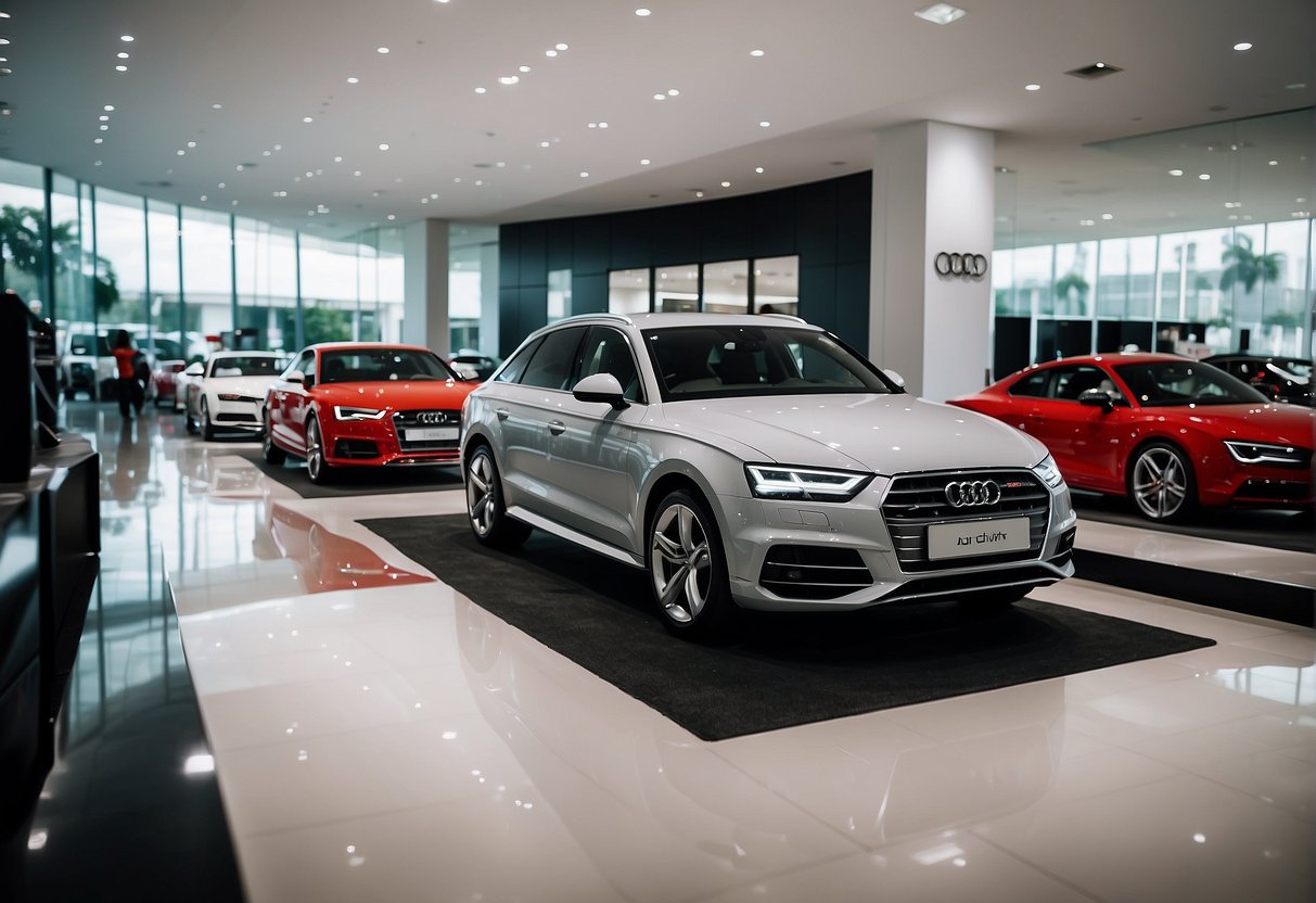 The Audi Centre in Singapore is bustling with activity as promotional banners and signs adorn the showroom, showcasing the latest deals and offers on Audi vehicles