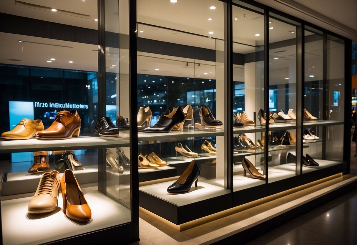 A storefront window displays ALDO promotions in Singapore. Bright lights illuminate the latest footwear and accessories