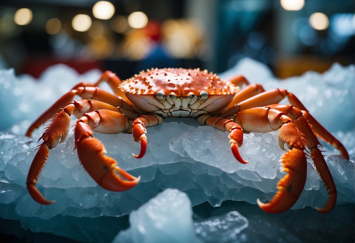 A large, red Alaskan king crab sits on a bed of ice, surrounded by promotional signs in a bustling Singapore seafood market