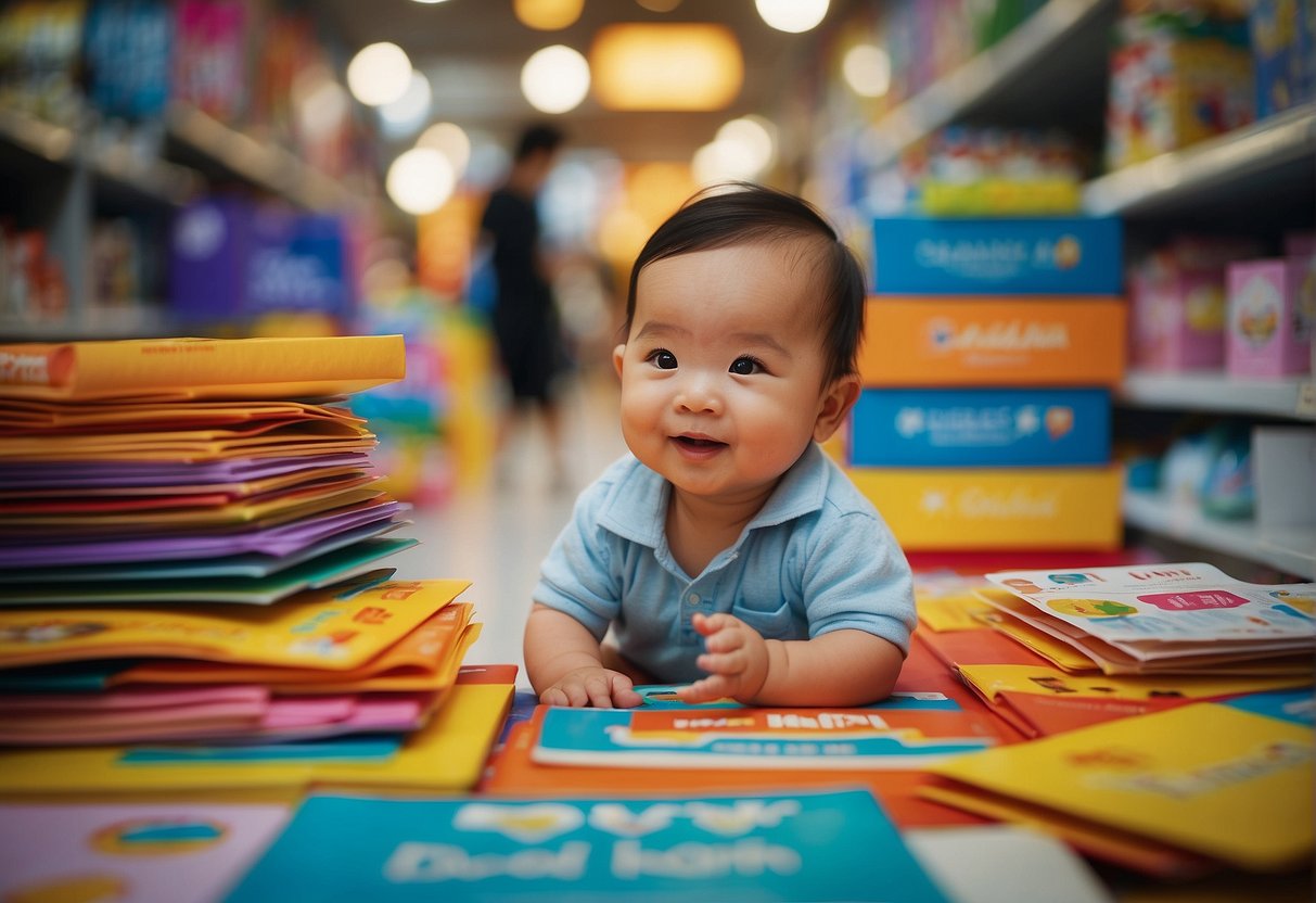A baby surrounded by colorful promotional materials and a happy parent in Singapore