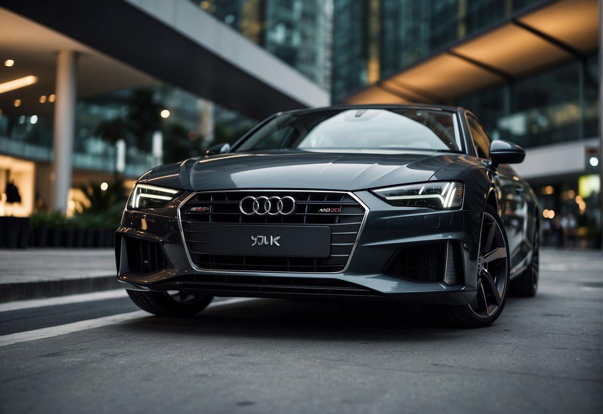 A sleek Audi luxury car parked in a vibrant Singapore cityscape, with promotional banners and signs highlighting exclusive offers