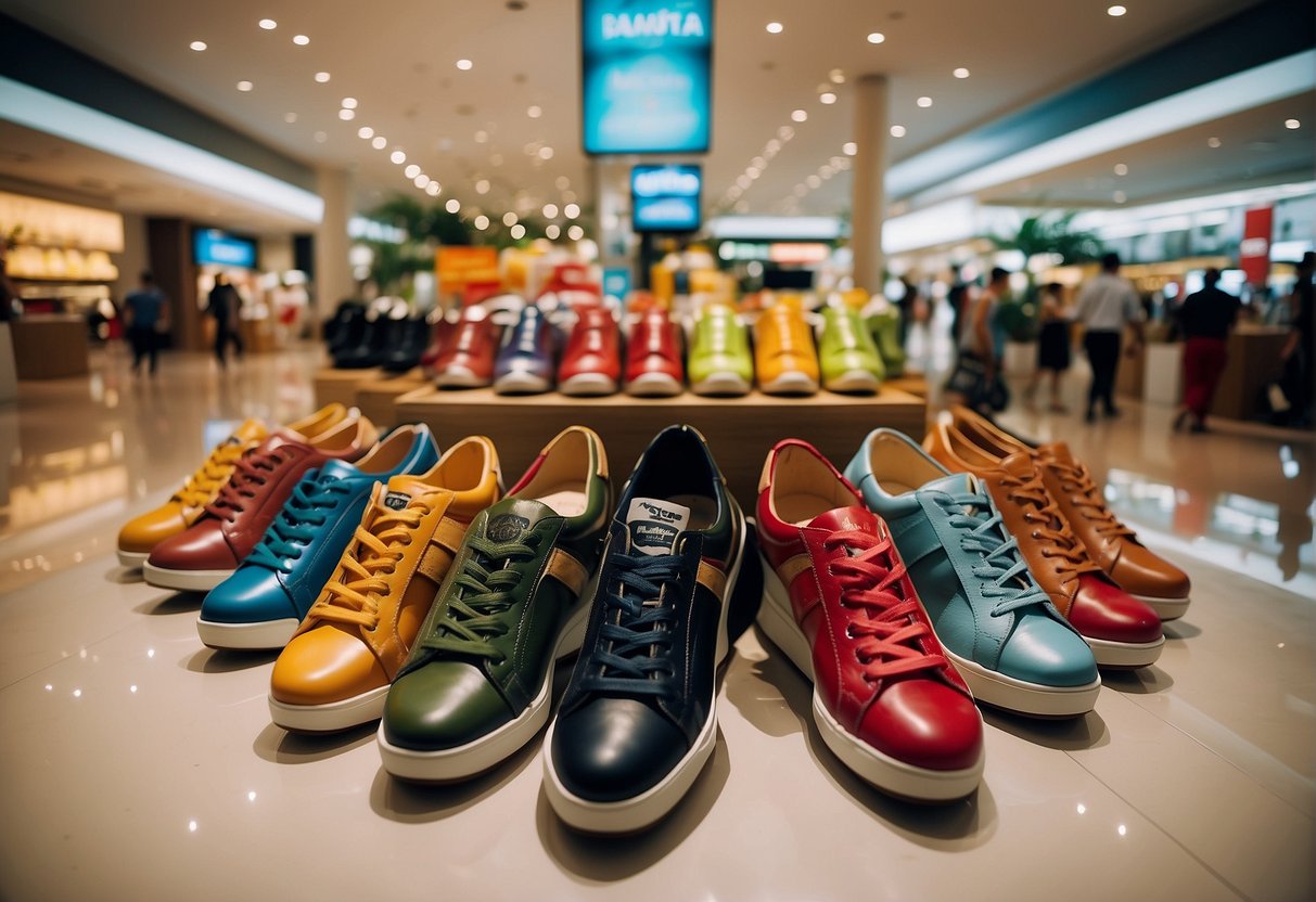 A display of colorful Bata shoes with promotional signs in a busy Singapore shopping mall