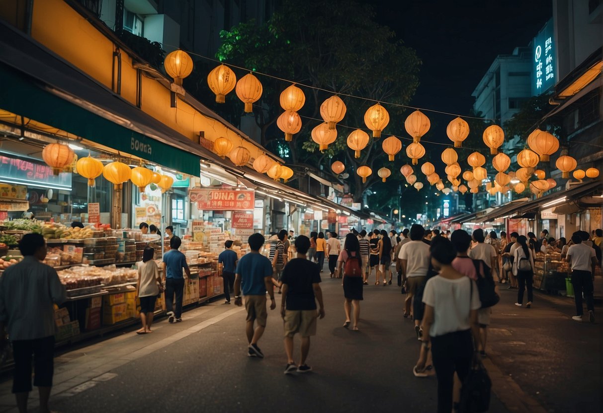 A bustling street in Singapore with colorful Bonia promotional banners hanging from the storefronts, surrounded by bustling crowds and vibrant city lights