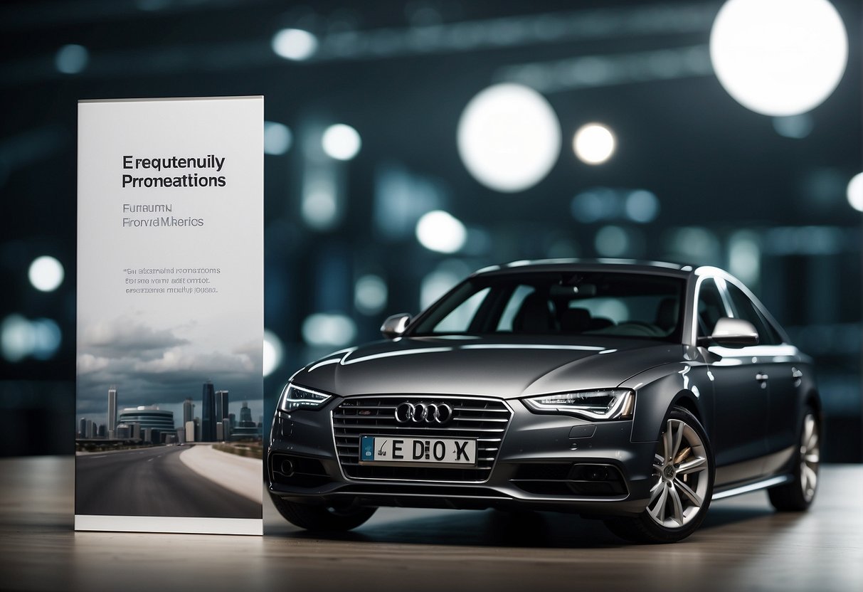 A stack of promotional materials with the words "Frequently Asked Questions" and "Audi promotions Singapore" displayed prominently