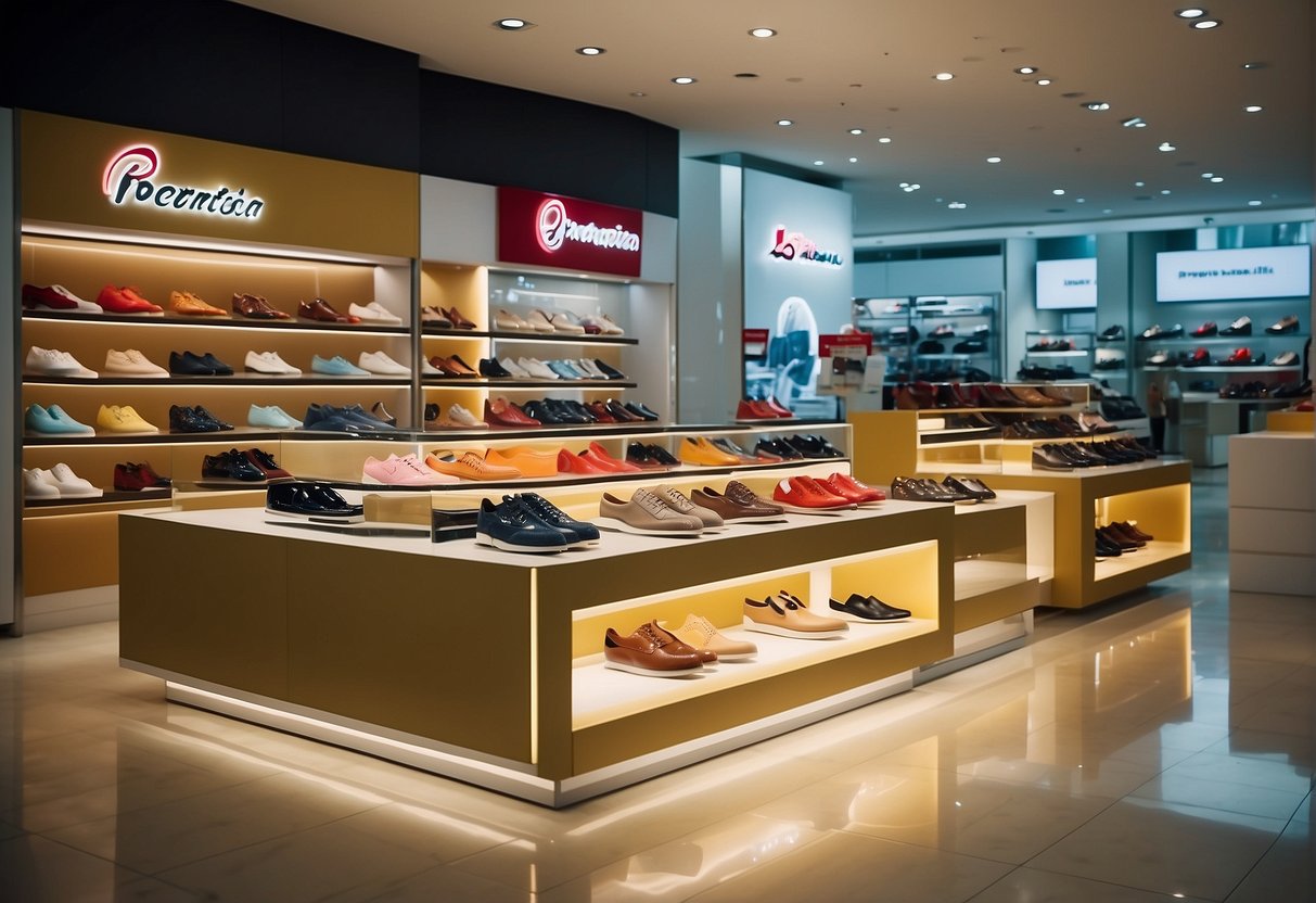 Brightly lit Bata shoe display with "Promotion" signs, showcasing various styles and colors in a Singapore store