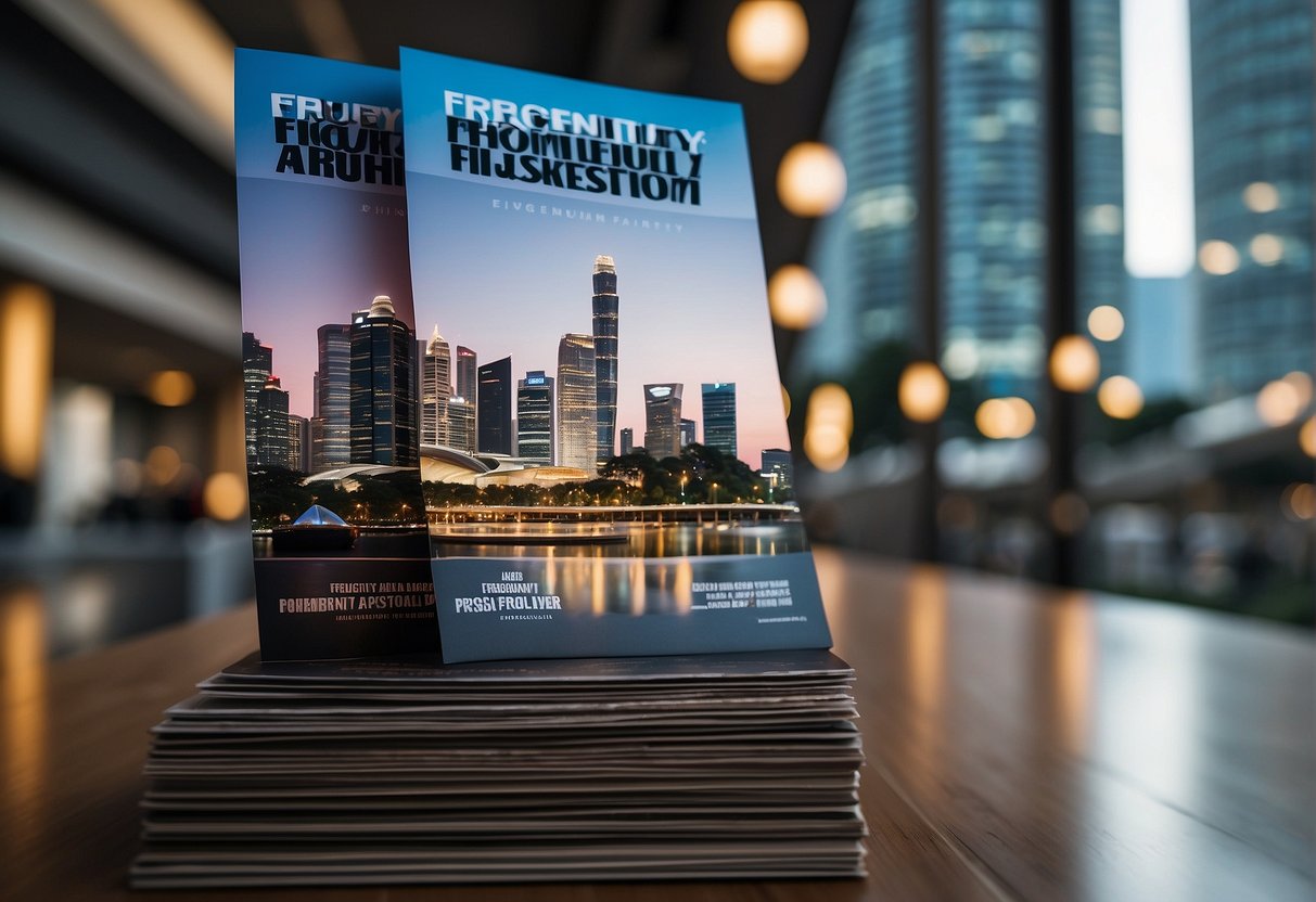 A stack of promotional flyers with "Frequently Asked Questions" printed on them, alongside the iconic Aldo logo, against a backdrop of Singapore landmarks