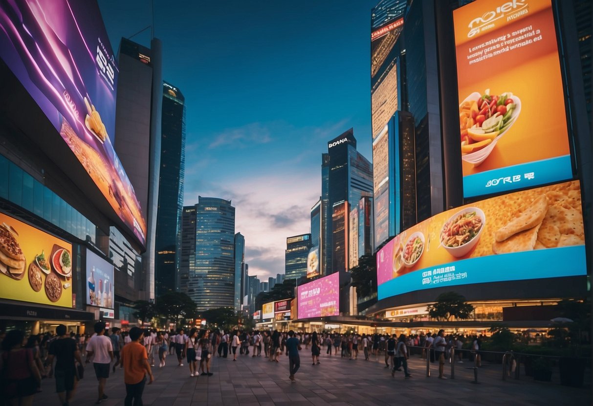 A vibrant cityscape with colorful billboards and banners promoting the 2024 Bonia promotions in Singapore. Bright lights and bustling streets convey a sense of excitement and anticipation