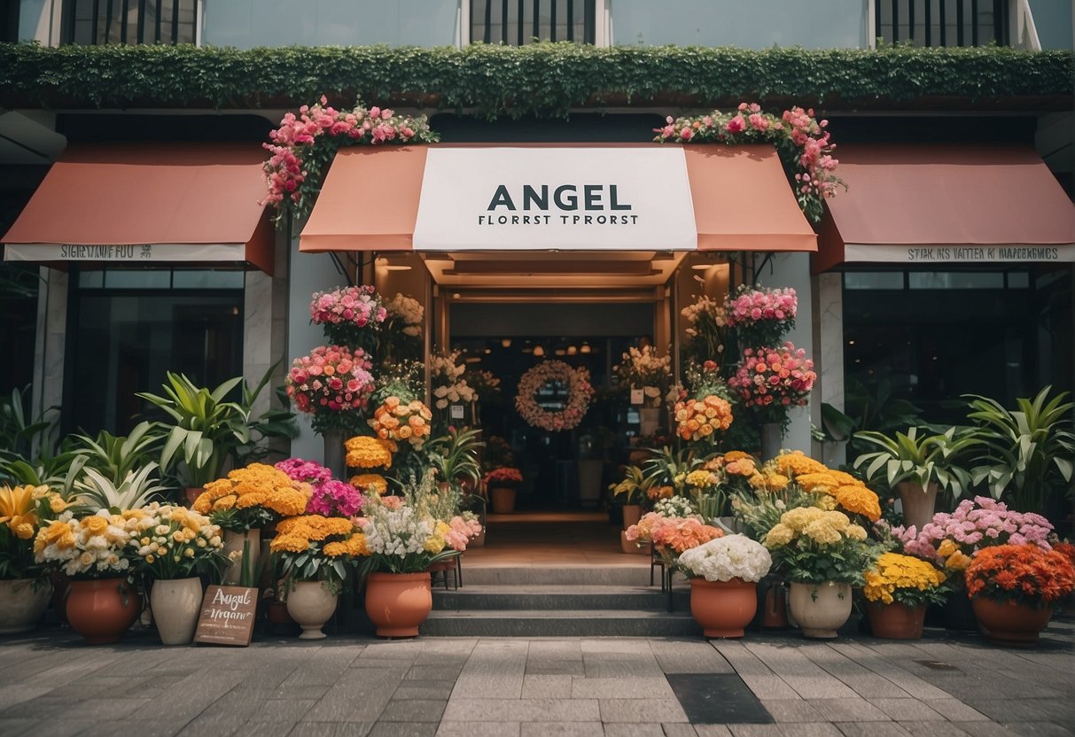 A vibrant floral display with a prominent "Angel Florist Singapore Promotion" sign in Singapore