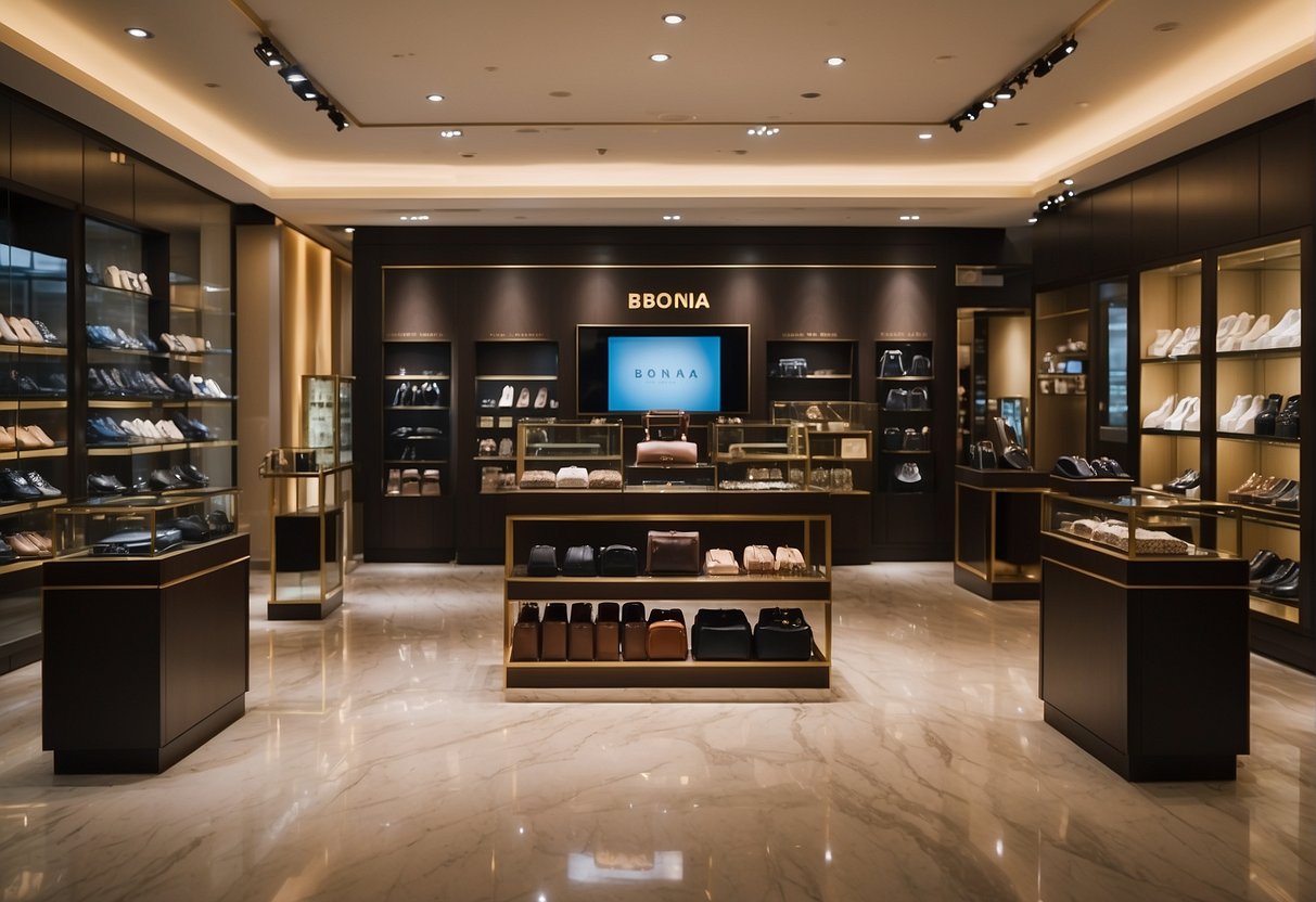 A luxurious display of men's and women's accessories with "Exclusive Offers" signage at a Bonia store in Singapore