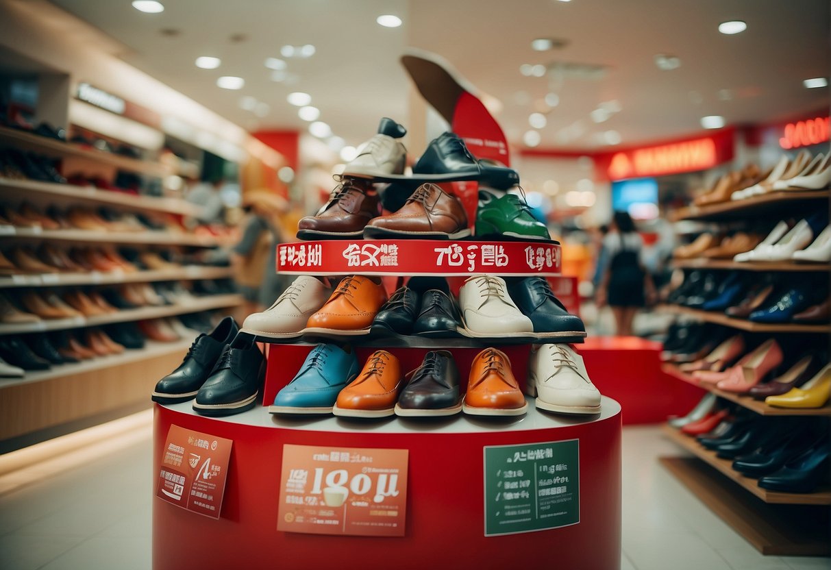 A colorful display of Bata shoes with promotional signs in a bustling Singapore store
