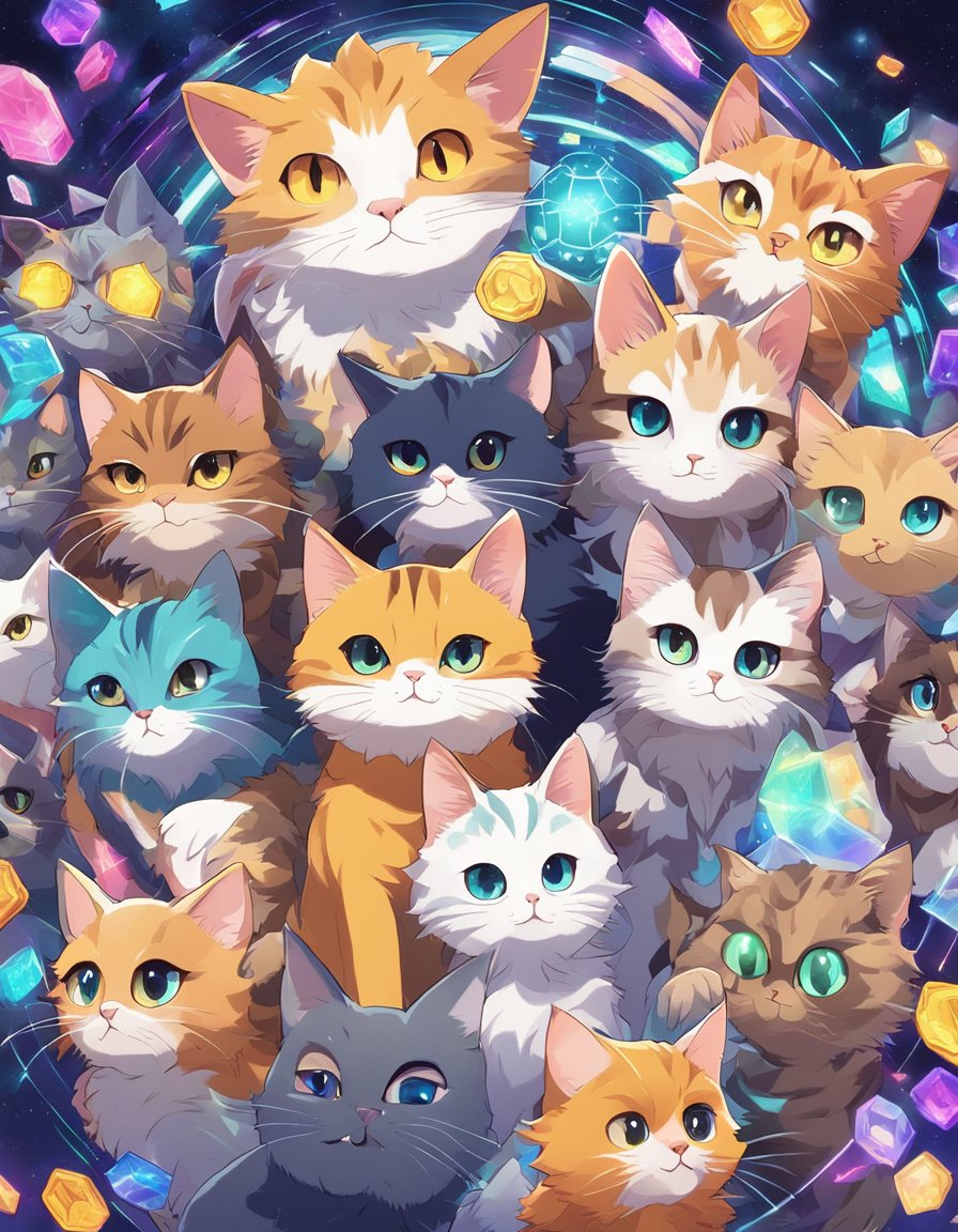 A group of cats gather around a digital screen, surrounded by colorful crypto-art pieces.</p><p>They paw at the images, their eyes filled with curiosity and wonder