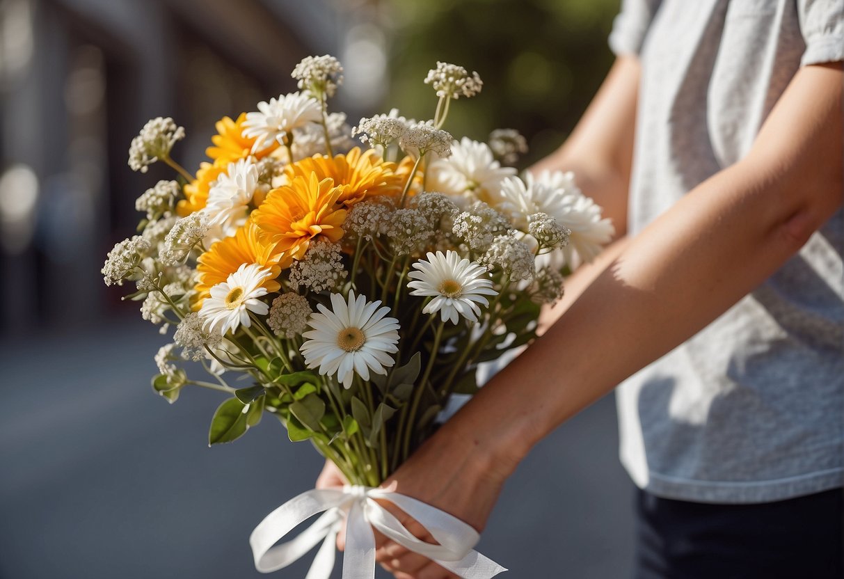 A hand holding a bouquet of flowers with a promotional banner in the background