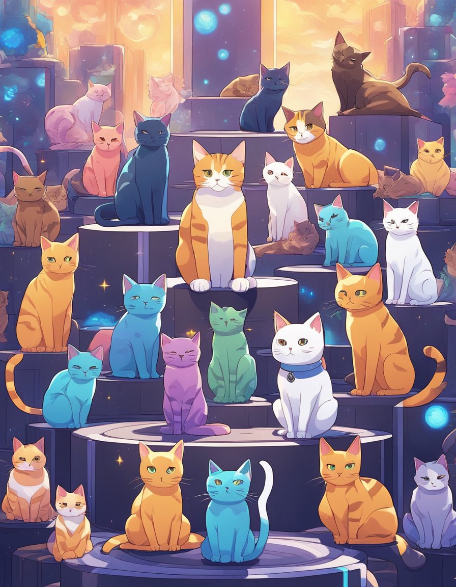 Multiple cats surrounded by digital artwork, some sitting on pedestals.</p><p>Crypto logos and symbols are incorporated into the art pieces.</p><p>Vibrant colors and futuristic elements