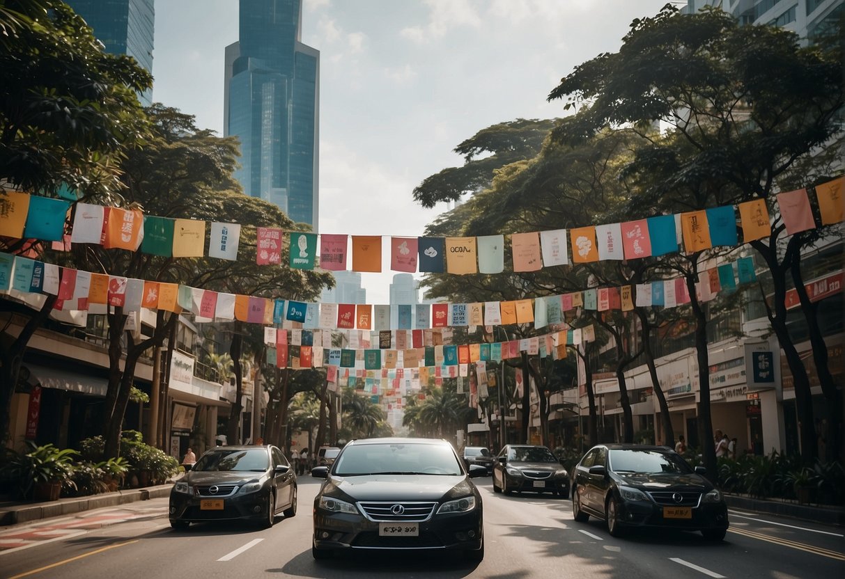 A bustling street in Singapore with colorful banners and signs promoting Agoda deals. Tall buildings and palm trees line the road