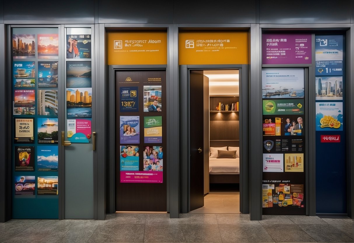 A bedroom door in Singapore displays promotional posters and flyers