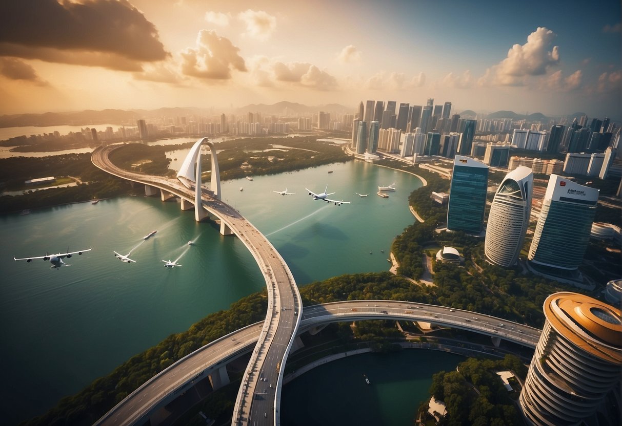 A plane flying over iconic Singapore landmarks, with a prominent display of annual travel insurance promotions