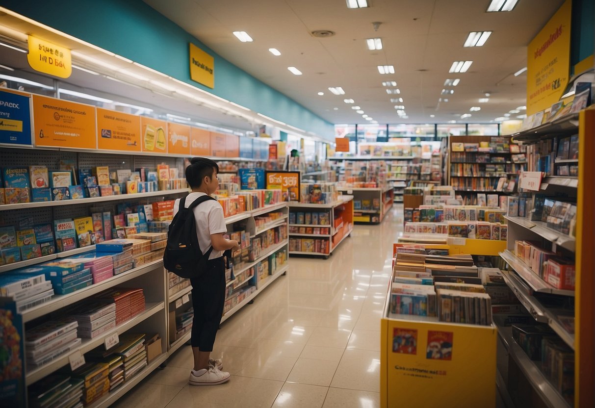 A bustling school supply store in Singapore, with colorful displays and "back to school" signs. Students and parents browse aisles filled with books, stationery, and backpacks