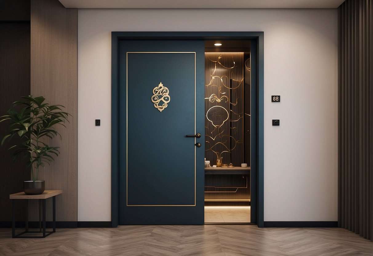 A bedroom door in Singapore adorned with security promotions and various designs