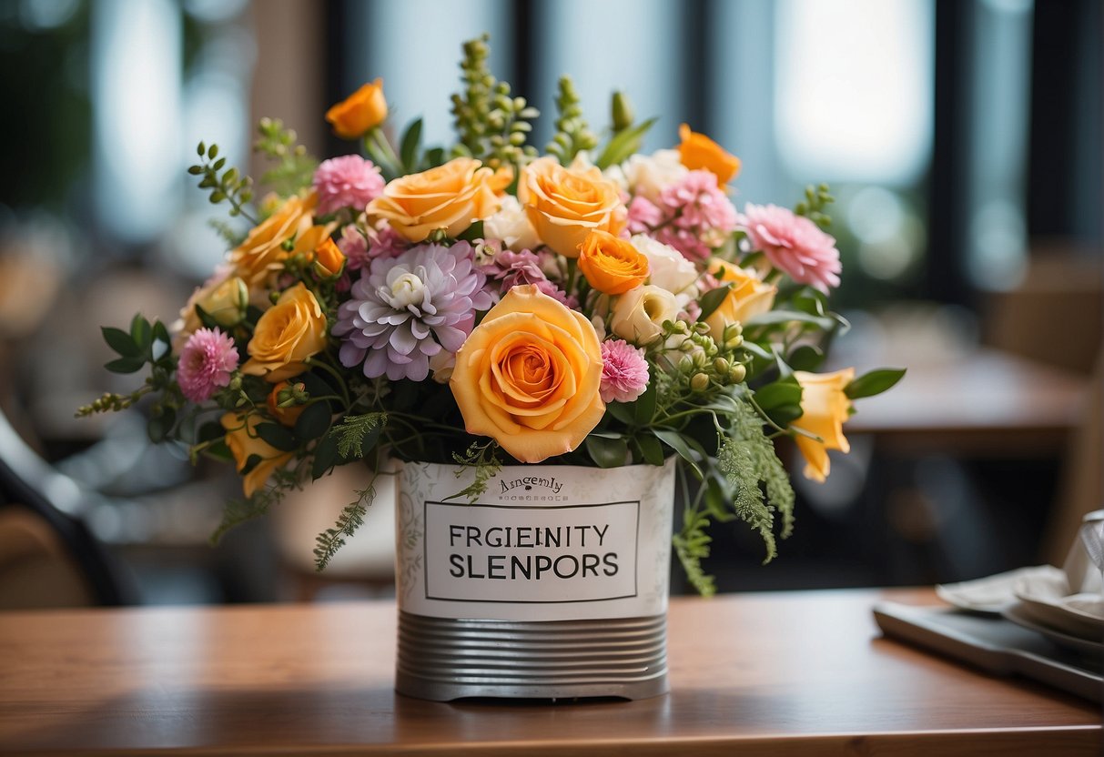 A colorful floral arrangement sits on a table with a banner reading "Frequently Asked Questions" and "angel florist singapore promotion singapore."