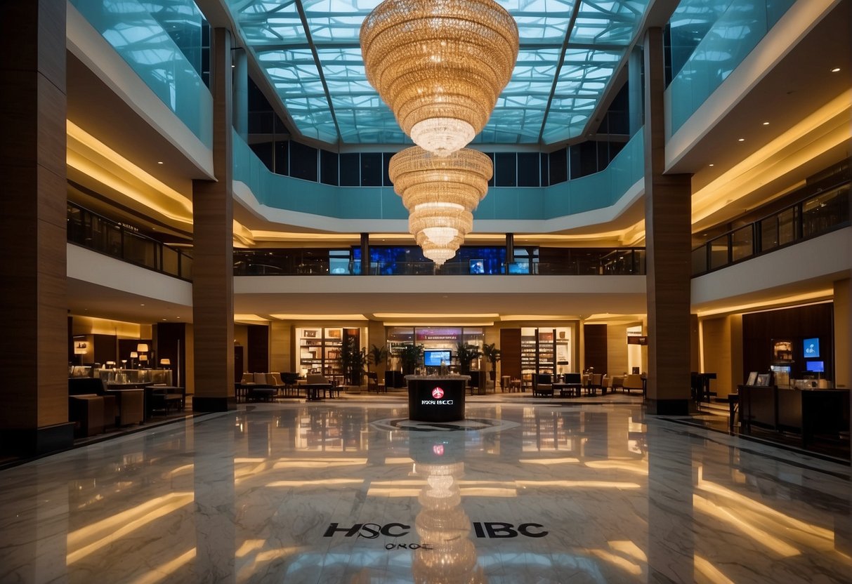 A luxurious hotel lobby with a prominent display of HSBC credit card logos, showcasing exclusive deals and promotions for guests