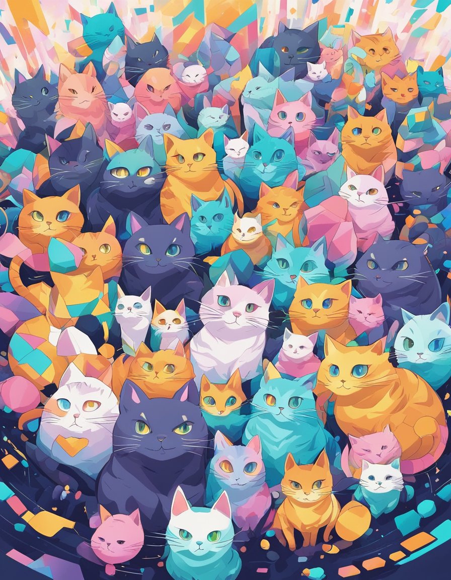 A group of digital cats surrounded by vibrant, abstract artwork, symbolizing the impact and influence of crypto-art collectives in the digital art world