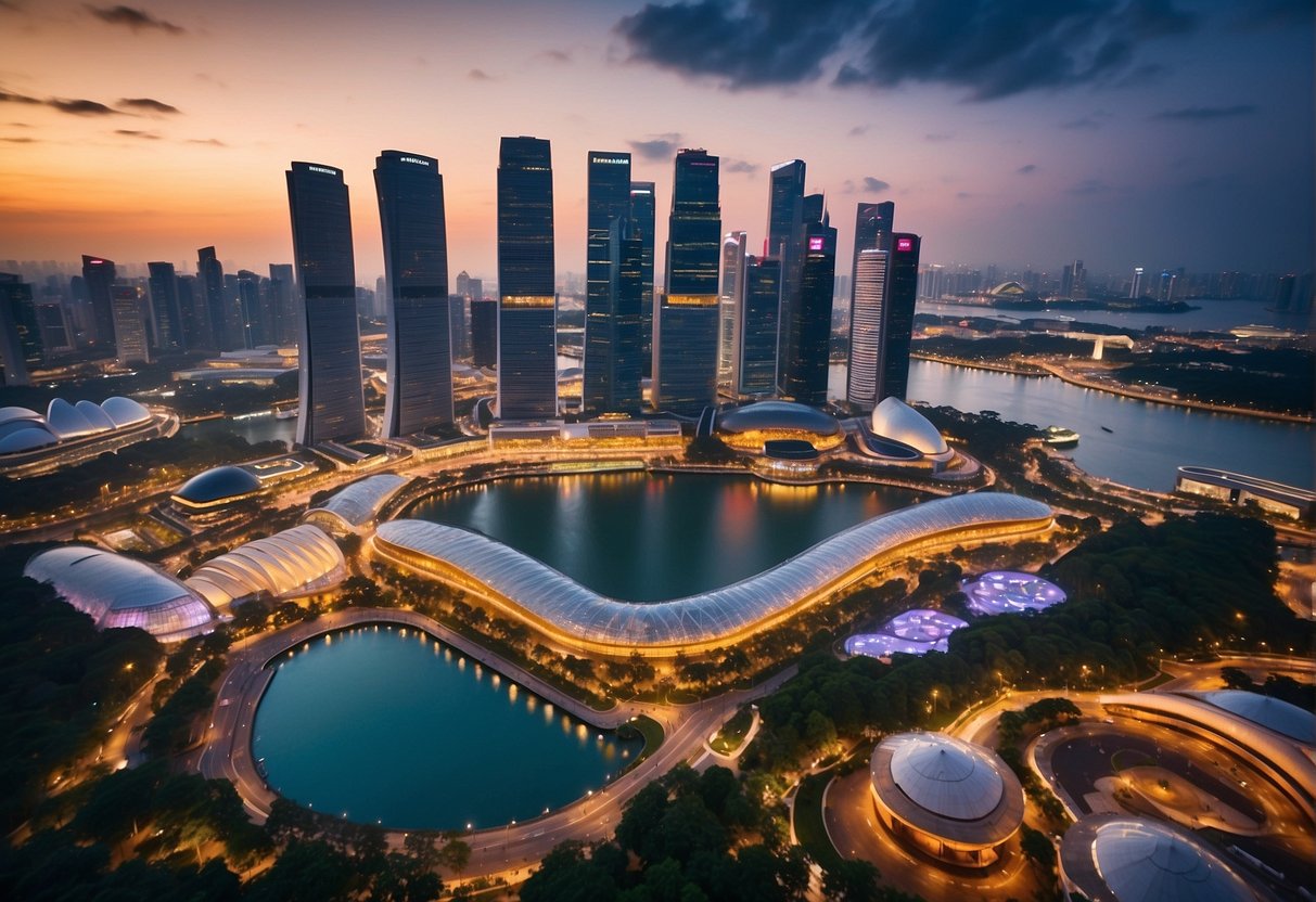 A vibrant cityscape of Singapore with iconic landmarks, travel symbols, and promotional banners for annual travel insurance