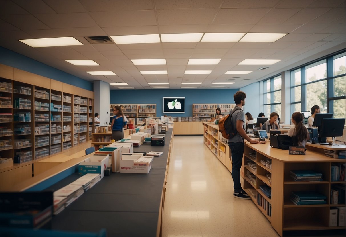 A classroom filled with students excitedly shopping for Apple products with back to school promotions displayed on the walls and shelves