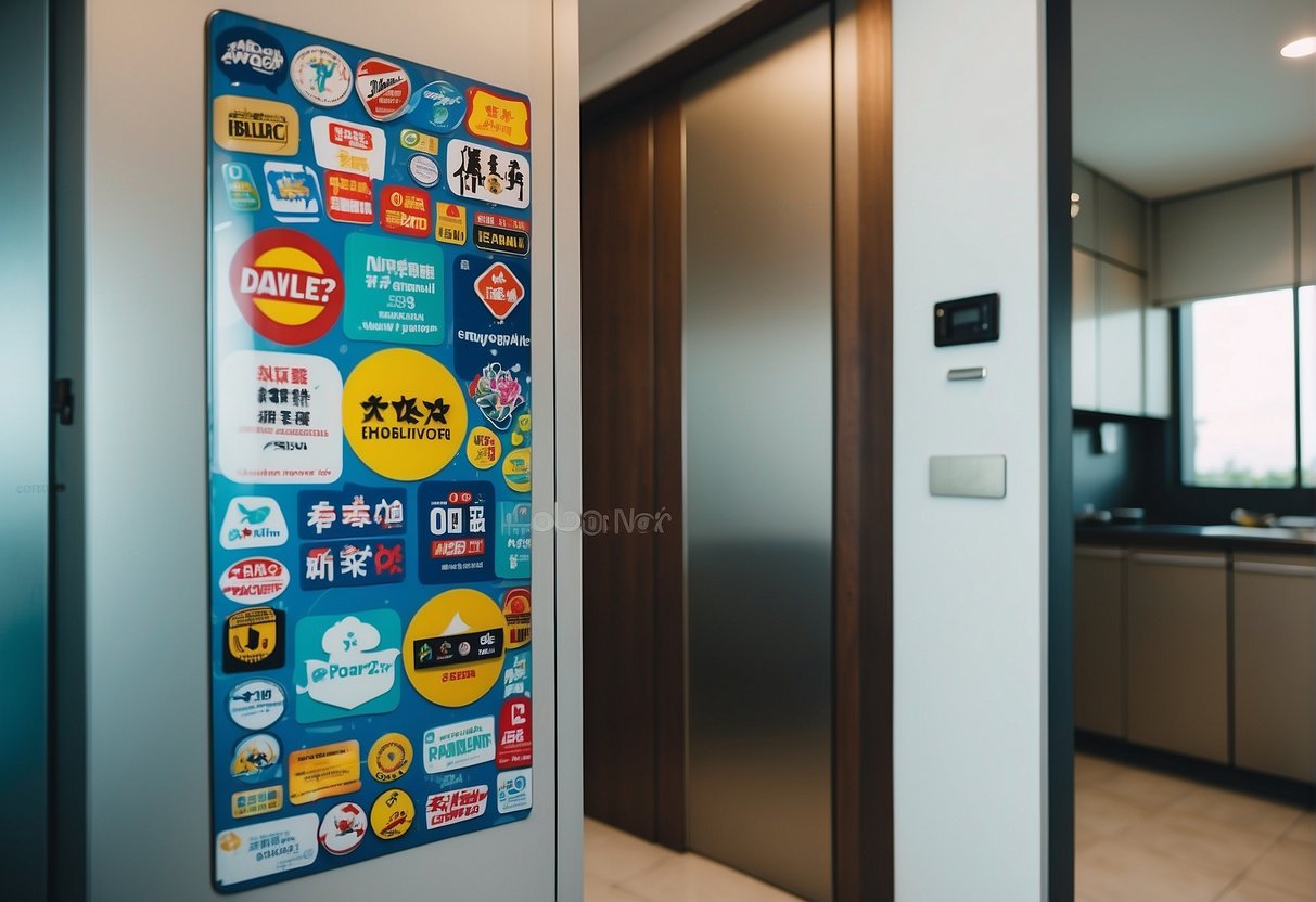 A bedroom door adorned with promotional stickers for home appliances in Singapore