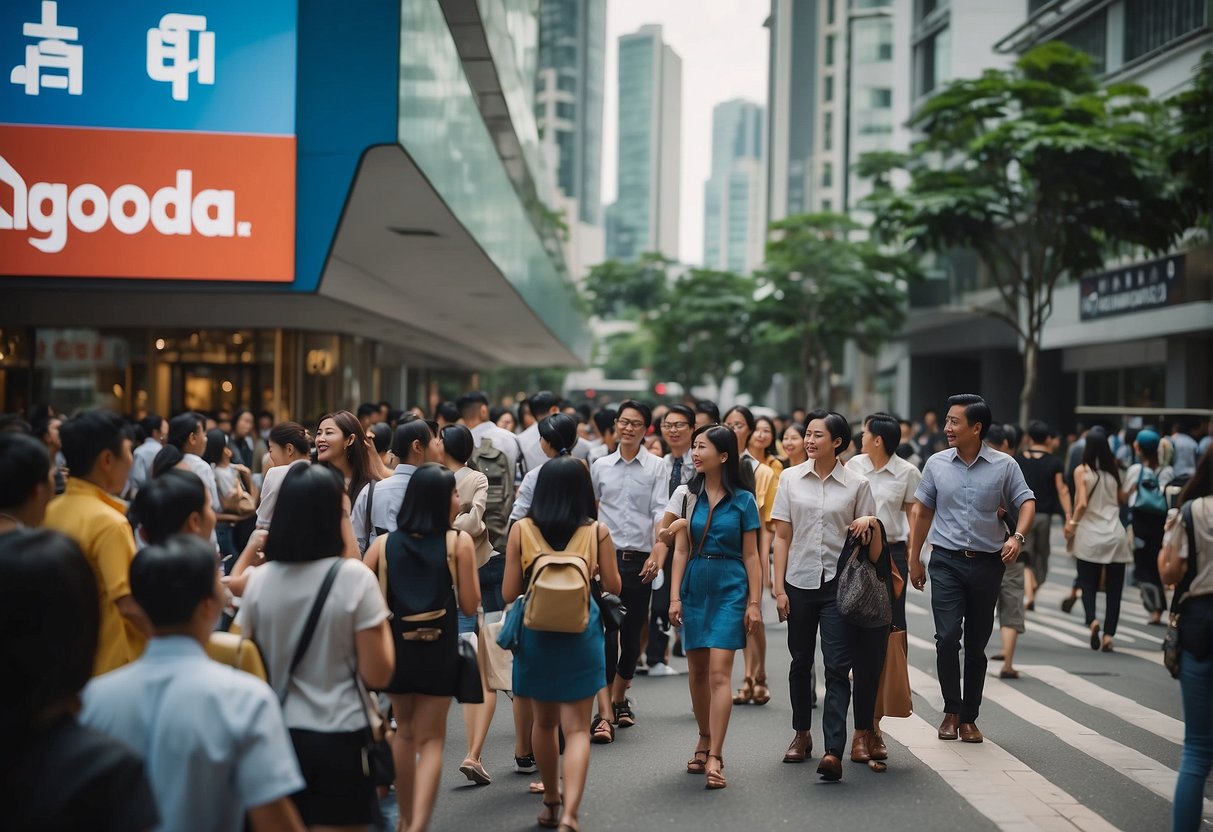 A bustling city street with a prominent sign for Agoda promotions in Singapore, surrounded by curious onlookers and potential customers