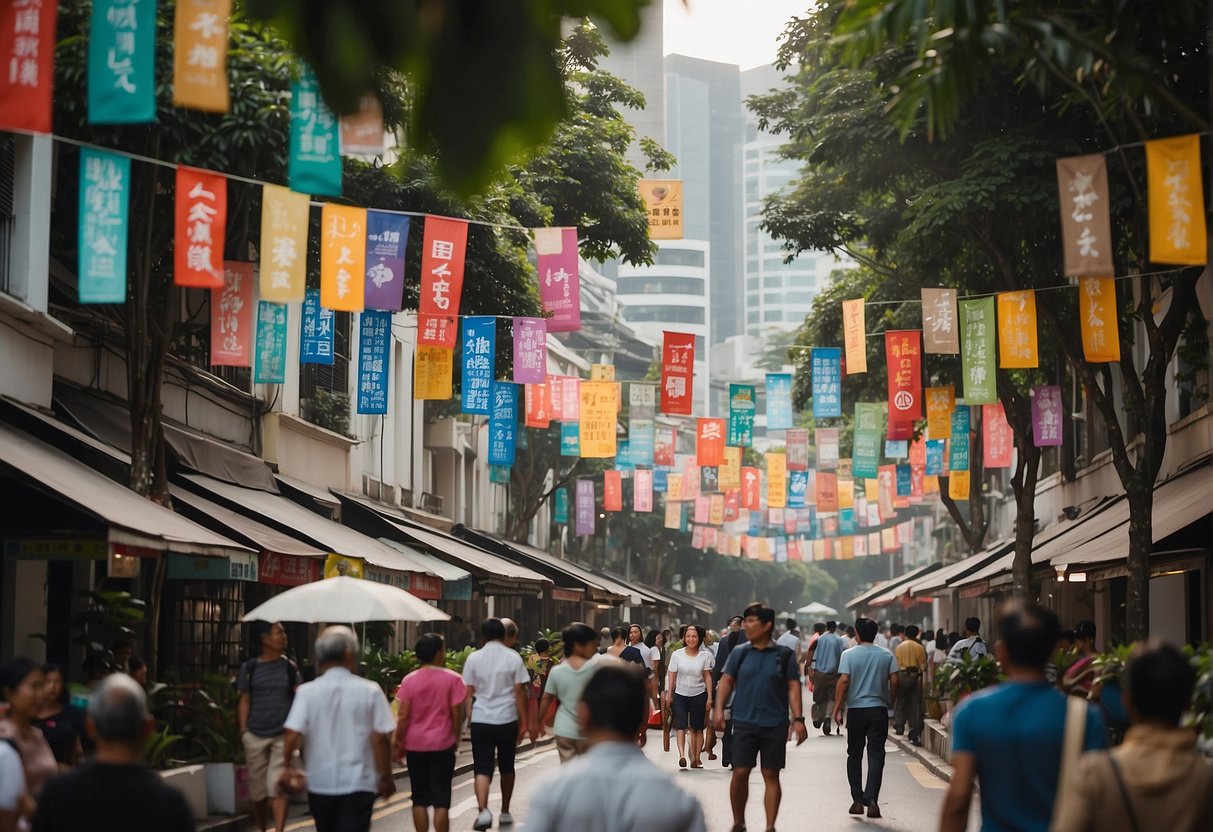 A bustling Singapore street with colorful banners promoting Travel Insurance Insights annual travel insurance promotions