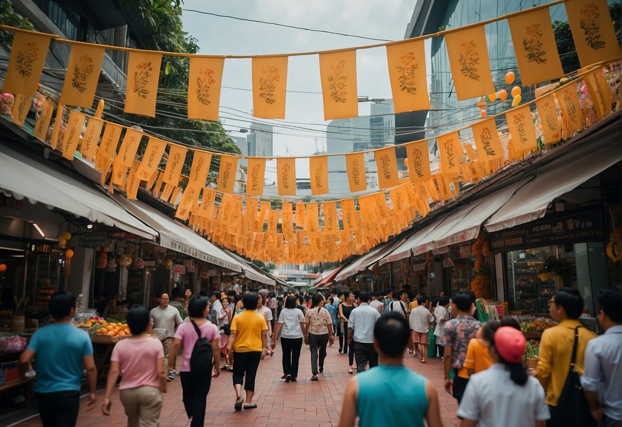 A bustling street in Singapore adorned with colorful banners and signs promoting the latest Easter spring promotions. The atmosphere is lively and vibrant, with people milling about and taking in the festive displays