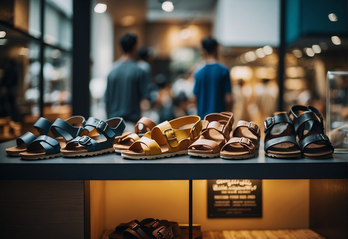 A display of Birkenstock sandals and promotional materials in a vibrant Singaporean storefront