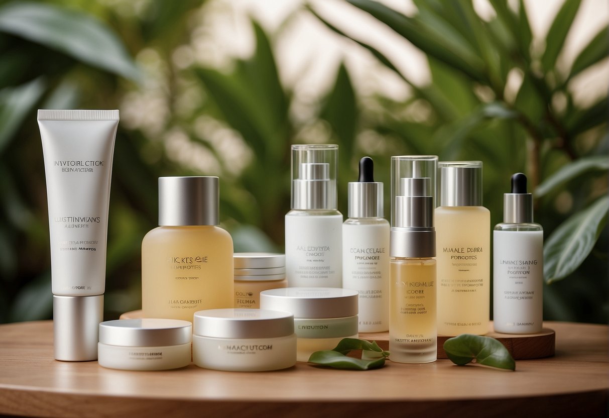 A display of skincare products with "Latest Promotions on Skincare Innovations" signage, surrounded by spring-themed decorations in a Singaporean setting
