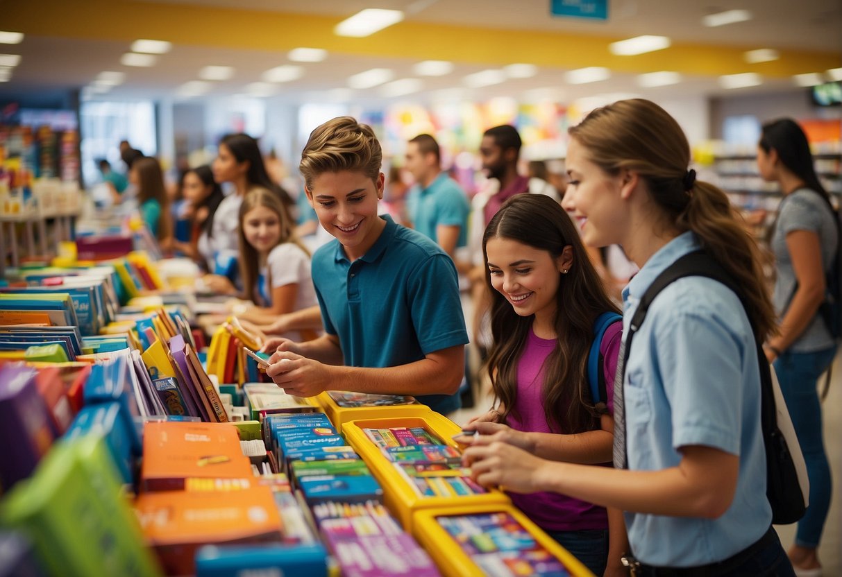 A group of students eagerly browsing through a colorful display of back-to-school supplies, with signs advertising promotions in the background
