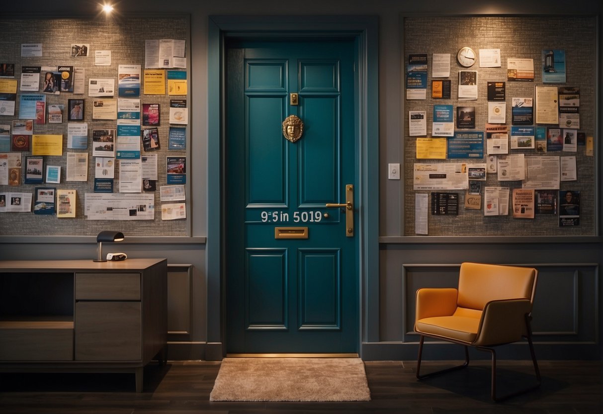A bedroom door adorned with promotional materials related to frequently asked questions in Singapore