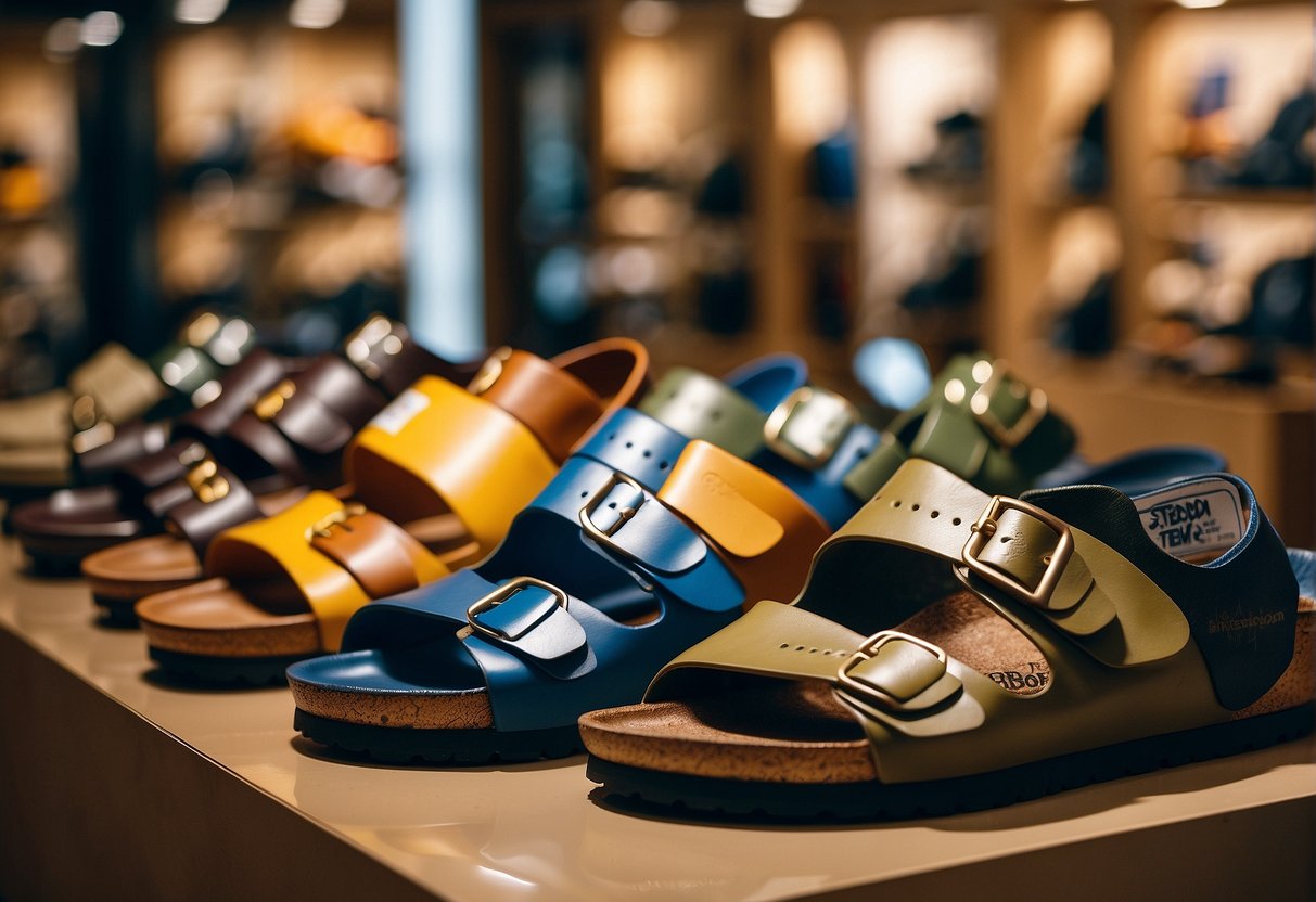 A display of Birkenstock shoes with promotional signs in a busy Singapore retail store