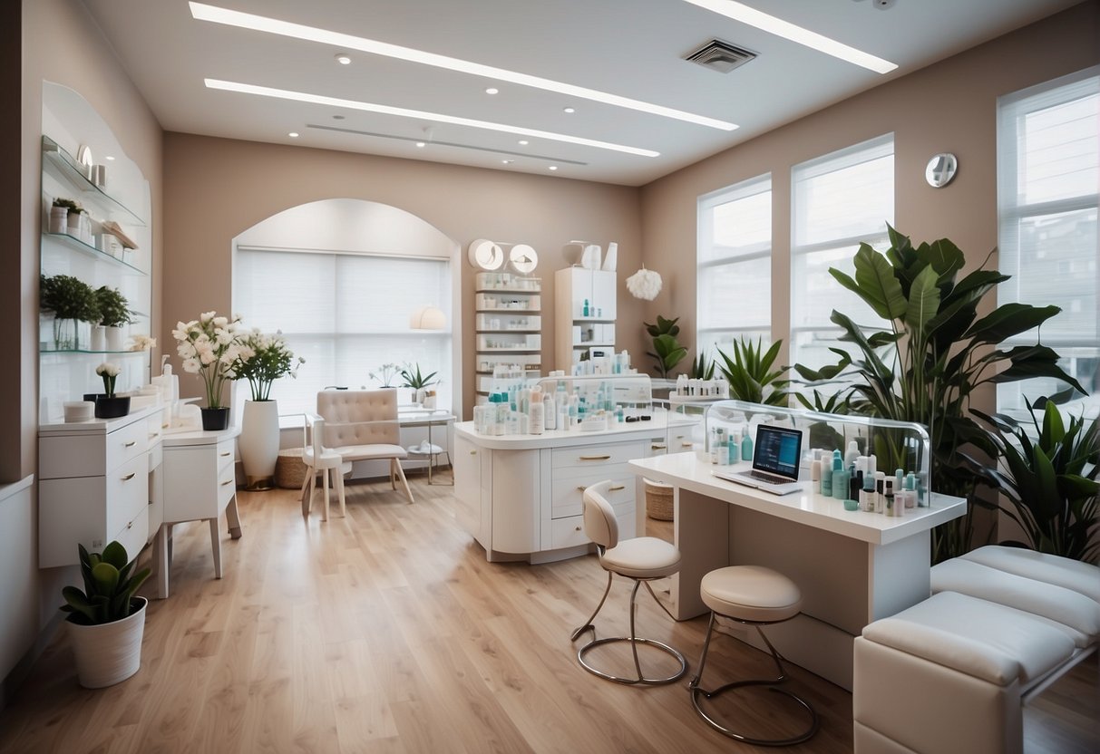 A bright and modern skincare clinic with promotional banners and spring-themed decorations