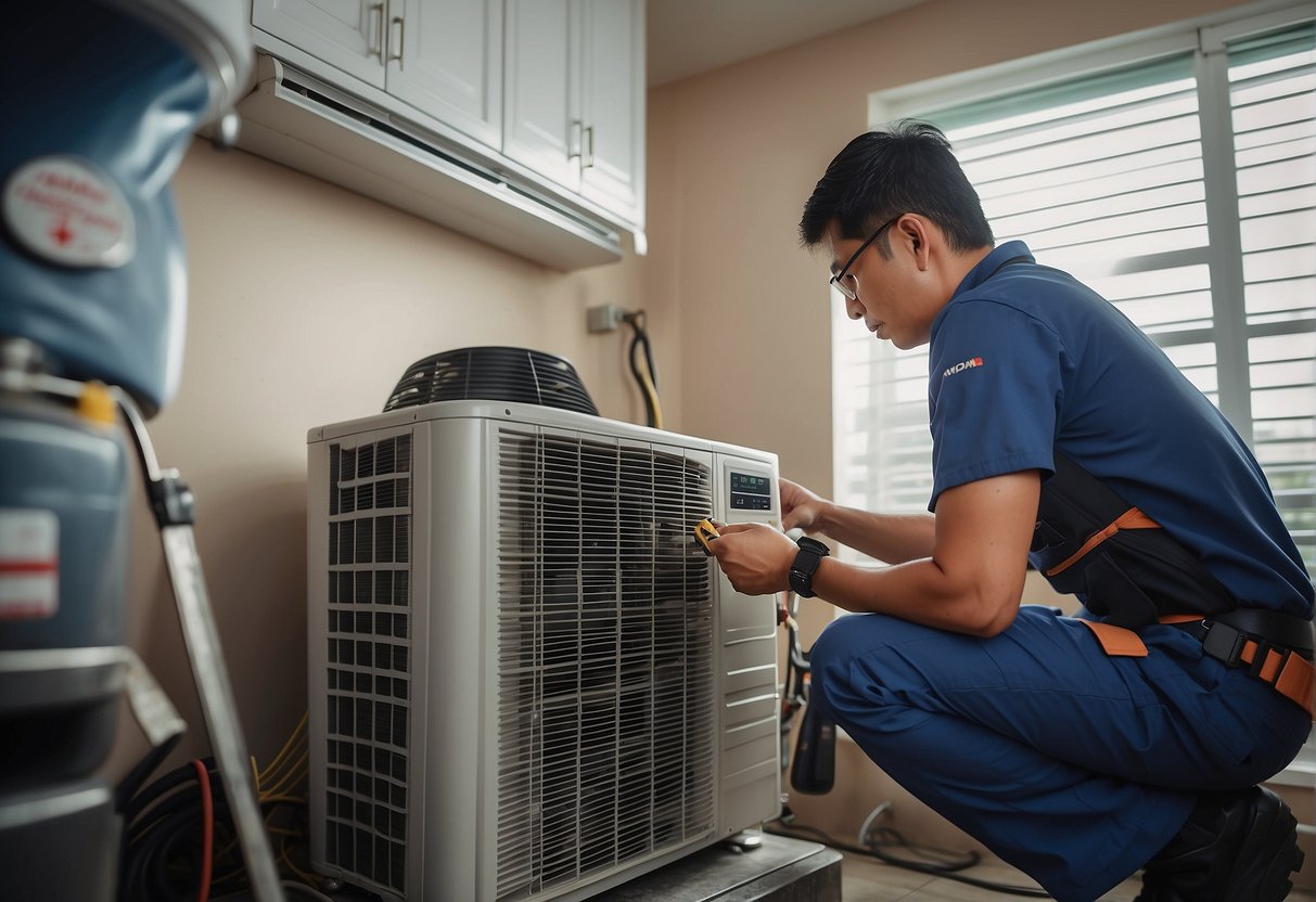 A technician servicing an air conditioning unit in a Singaporean home, surrounded by promotional materials and tools