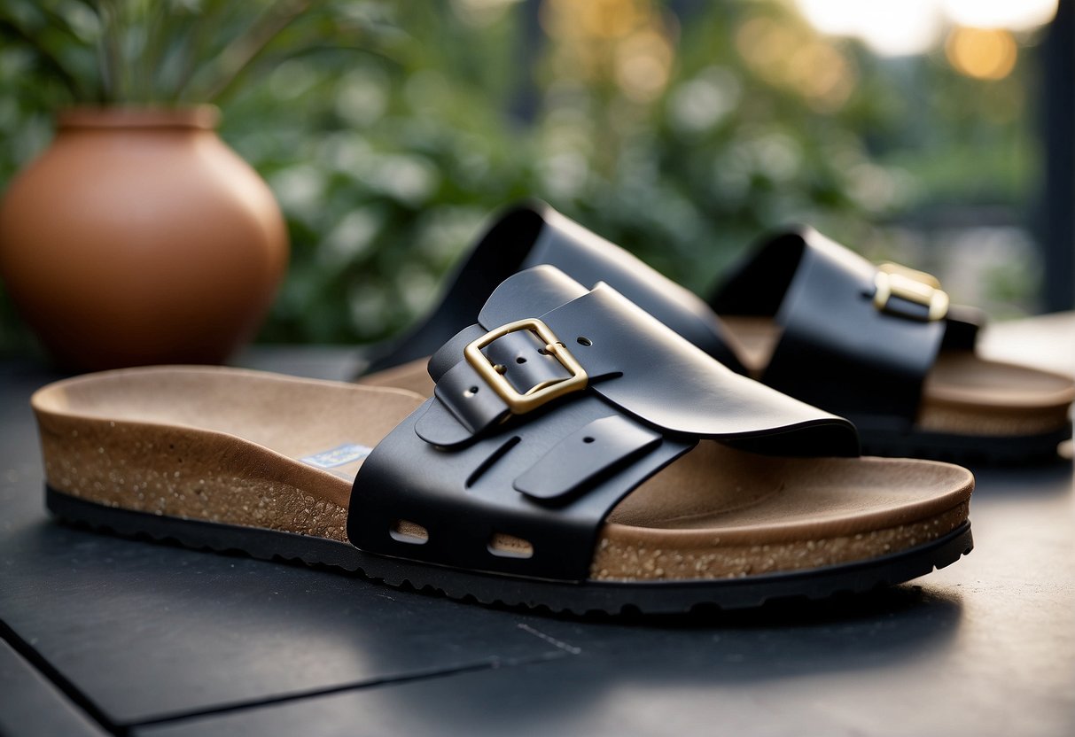 Birkenstock footwear features include contoured footbeds and adjustable straps for maximum comfort and support. The design is sleek and modern, with a focus on quality materials and craftsmanship