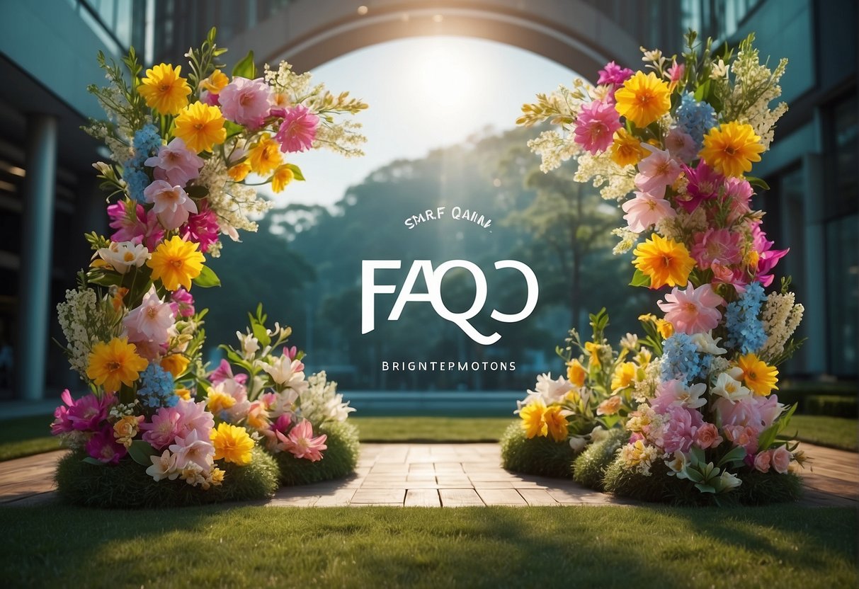 Bright spring-themed promotions display with FAQ sign in Singapore. Vibrant colors and floral elements