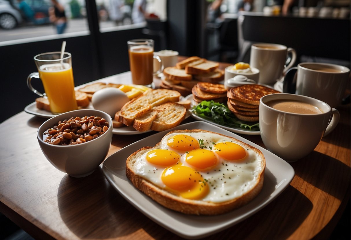 A table filled with various breakfast items, such as toast, eggs, and coffee, with promotional signs and banners advertising special deals in a bustling Singaporean café