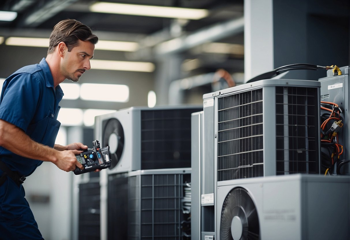 A technician servicing an air conditioning unit with promotional banners in the background