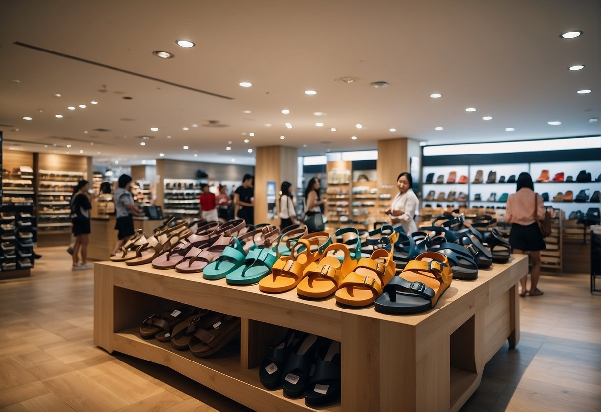 A colorful display of Birkenstock sandals and promotional materials in a bustling Singapore store, with customers browsing and staff assisting