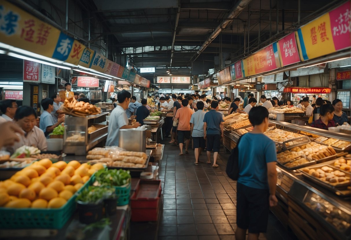 A bustling Singaporean market with colorful banners and signs advertising exciting breakfast promotions. Tables filled with delicious dishes and happy customers enjoying their meals