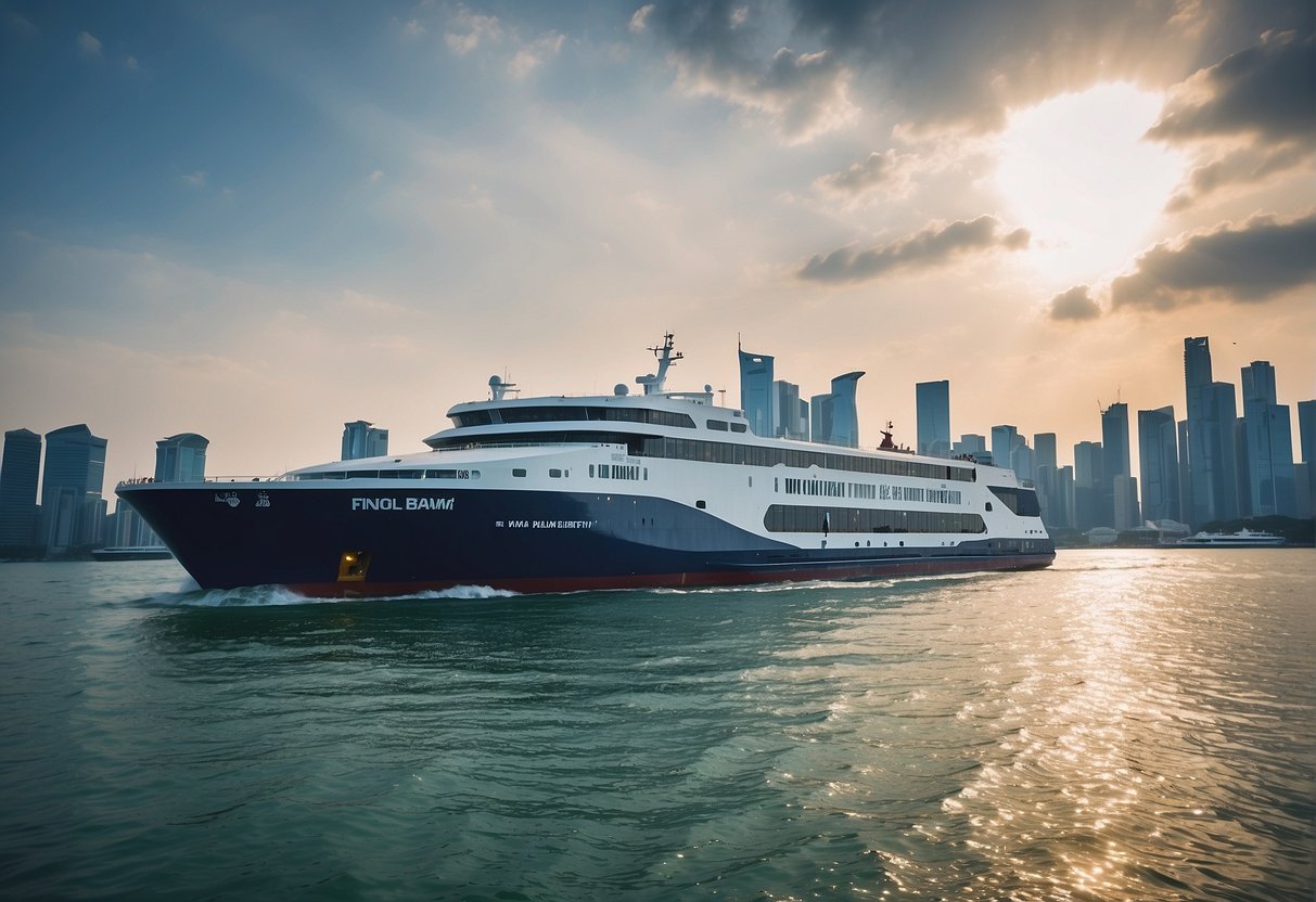 A Batam Fast ferry sailing from Singapore, with the iconic skyline in the background and clear blue waters in the foreground