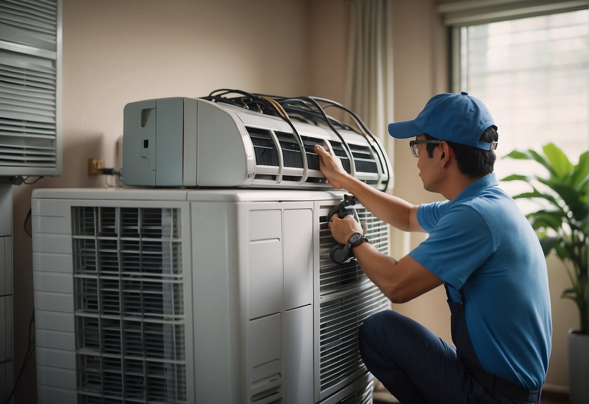 A technician performing aircon servicing in a Singaporean home, with equipment and promotional materials displayed